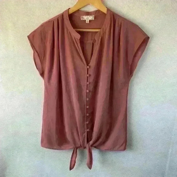 Pink Rose Women's Short Sleeve Button Front Tie Waist Pink Coral Blouse Medium - Picture 2 of 12
